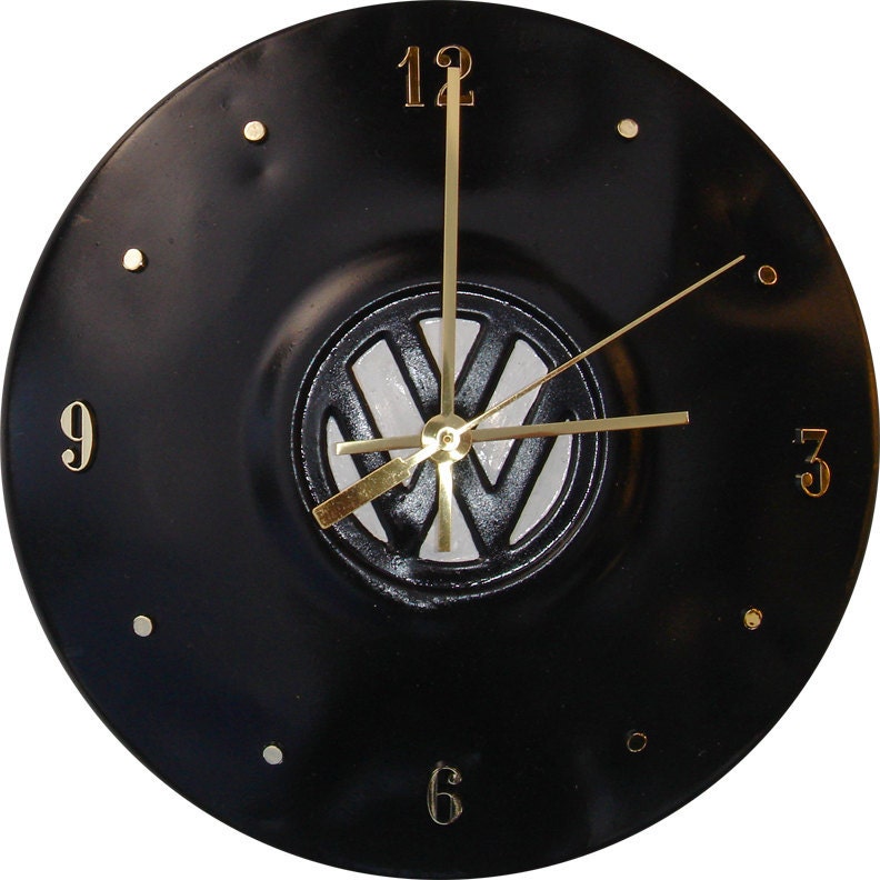 Sale: VW Hubcap made into a Clock, Black with numbering (a1221 hub cap, recycled, ecofriendly)