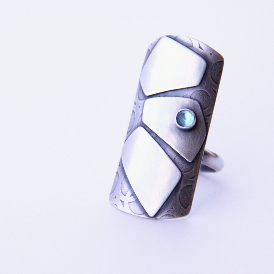 Prominent sterling silver ring, unique design with a gorgeous Swiss Blue Topaz gemstone in a modern setting - made to order - "Shield Ring"