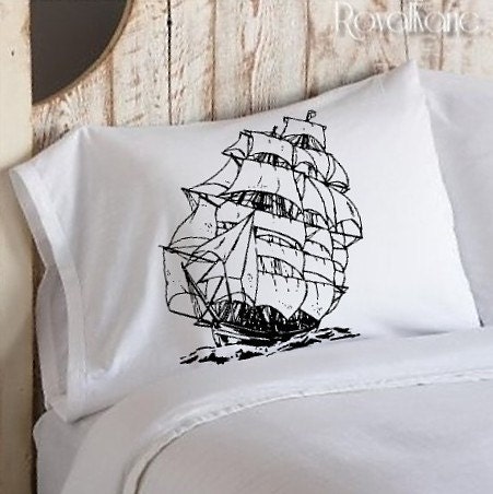NAUTICAL TALL CLIPPER SHIP Crew old Boat Anchor sailor sailing ART pirates SAILBOAT PILLOWCASE sail Pillow case navy ocean high sea decor deco beach guest house room master bedroom vintage old sailboat home shabby chic gift standard bedding