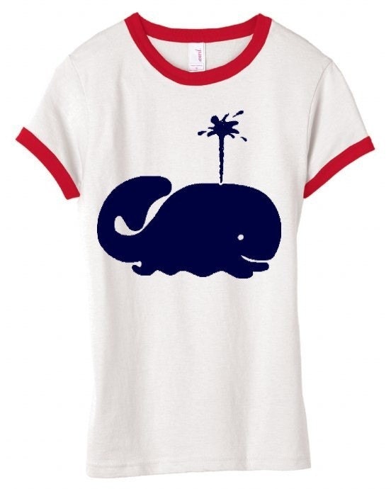 55% Off Sale - Ladies Nautical Coast White Red Ringer T Shirt Navy Whale Size XL