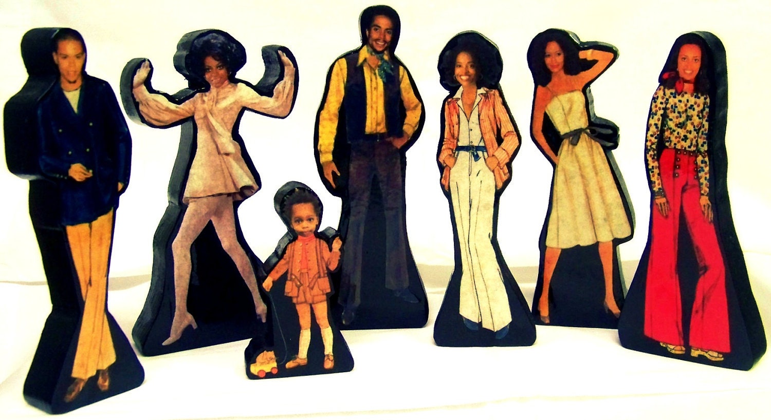 8 photo WOOD people figures Custom gift set vintage ad retro hollywood block family portrait play OOAK rare toy doll dog cat mantel decor