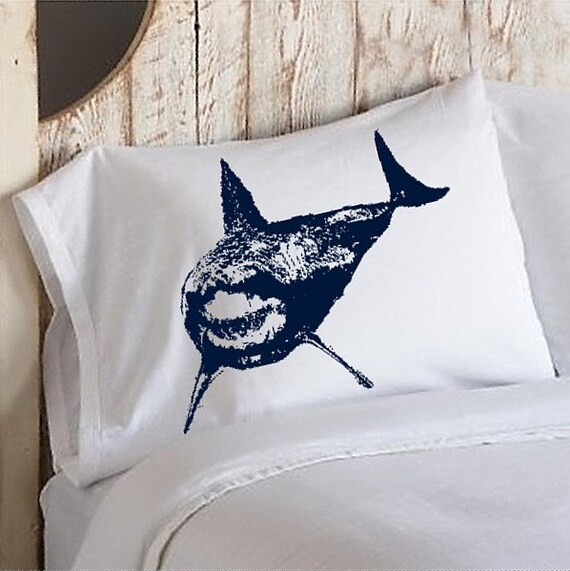 2 Two SHARK Pillowcase cover teeth jaws tooth WEEK NAUTICAL tiger bull scary sharks room decor pillow case whale surfer navy blue fish