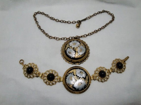 Vintage Demascene Floral Necklace and Bracelet Set