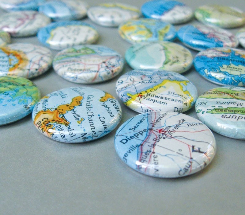 5 recycled atlas map 1 inch pinback button badges