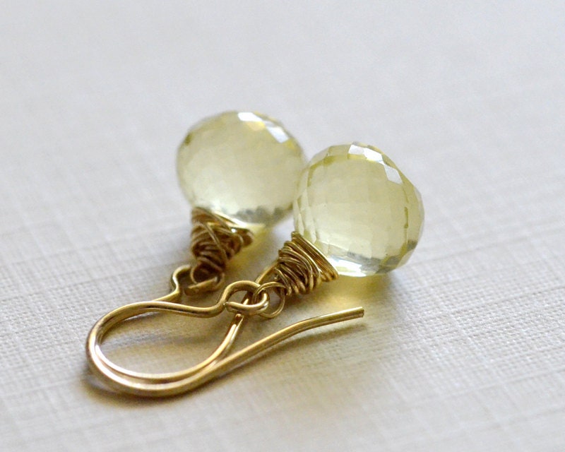 Lemon Quartz 14k Gold Filled Earrings - micro faceted onion briolette - generous wire wrapped - messy wrap - hand forge - dangle - gemstone