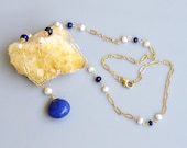 Lapis Lazuli Necklace 14k Gold Filled - Luxurious Huge Lapis Heart Briolette - Wire Wrapped rondelle Chain - Lobster Clasp - Gemstone