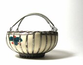 Vintage Pottery Bowl Wire Basket Handles Hand Painted Flowers