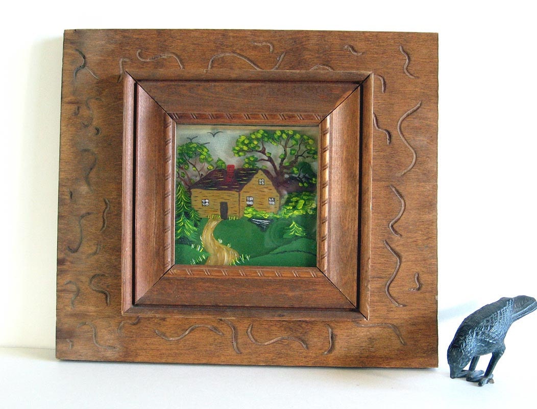 Folk Art Cabin Painting 4 Layers of Glass Primitive Handmade
