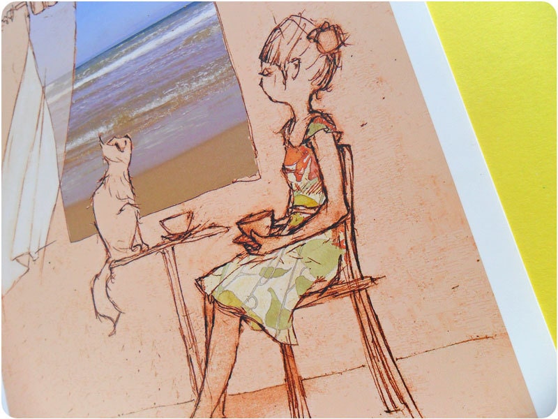 Weekends by the sea - cat and girl drawing reproduction
