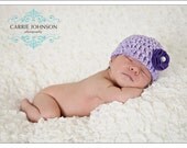 READY TO SHIP - 0-3 Month Lilac and Lavender Felt Flower  Beanie - As Pictured