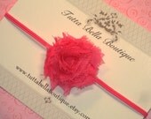 Itty Bitty Mini Hot Pink Flower HEADBAND or HAIR CLIP - Chiffon Frayed Fabric Skinny Stretchy Headband - Babies - Toddlers - Teens - Adults