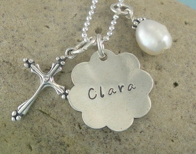 Confirmation Baptism First Communion Sterling Silver Personalized Handstamped Necklace with Cross