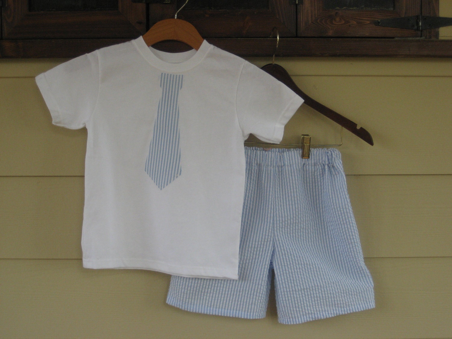 Brother Sister Blue Seersucker Set - Monogrammed Pillowcase Dress and Tie Shorts Set - sizes 6m - 5T....PERFECT for the BEACH