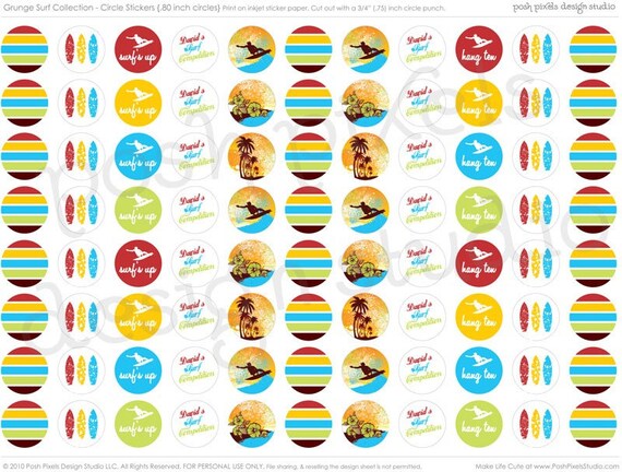 PRINTABLE Birthday Circle Stickers - Red, Yellow, Blue, Green and Brown - Kiss Stickers - DIY Grunge Surfer Collection - by Make Life Cute Il_570xn