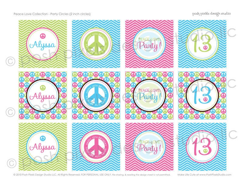 PARTY CIRCLES - Printable Birthday Party Circles - 2 inch - Peace Signs and Chevron - DIY Peace Love Collection - by Make Life Cute Il_570xn