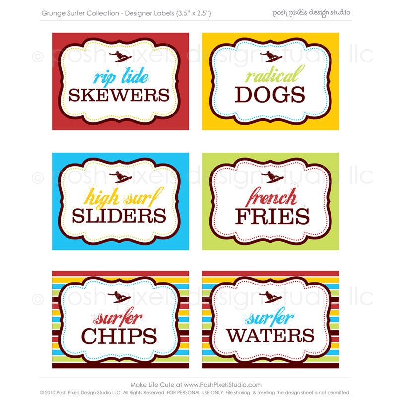 PRINTABLE Designer Labels - Red, Yellow, Blue, Green and Brown - DIY Grunge Surfer Collection - by Make Life Cute Il_570xn