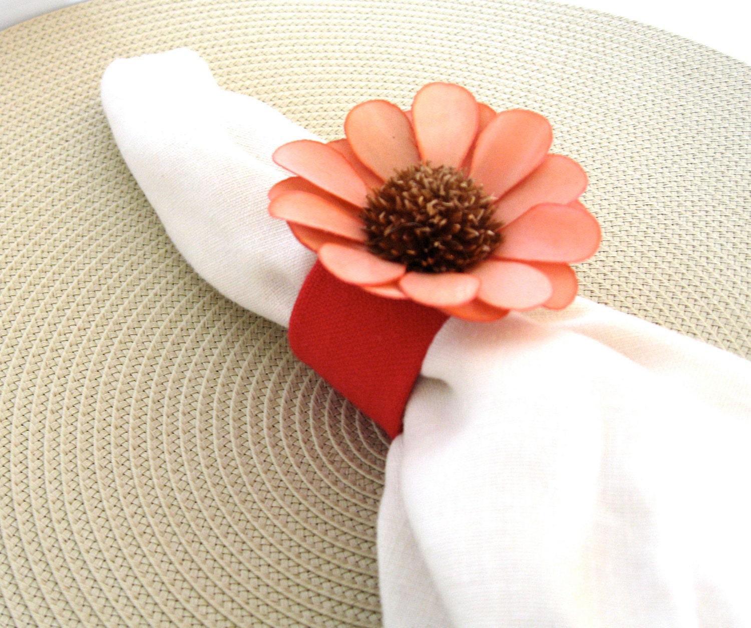 Napkin Rings - set of four made with fabric and Sola flowers, houseofpeltier