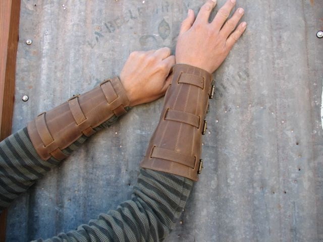 Steampunk Oiled Brown Leather Gauntlets or Bracers with Antiqued Brass Hardware