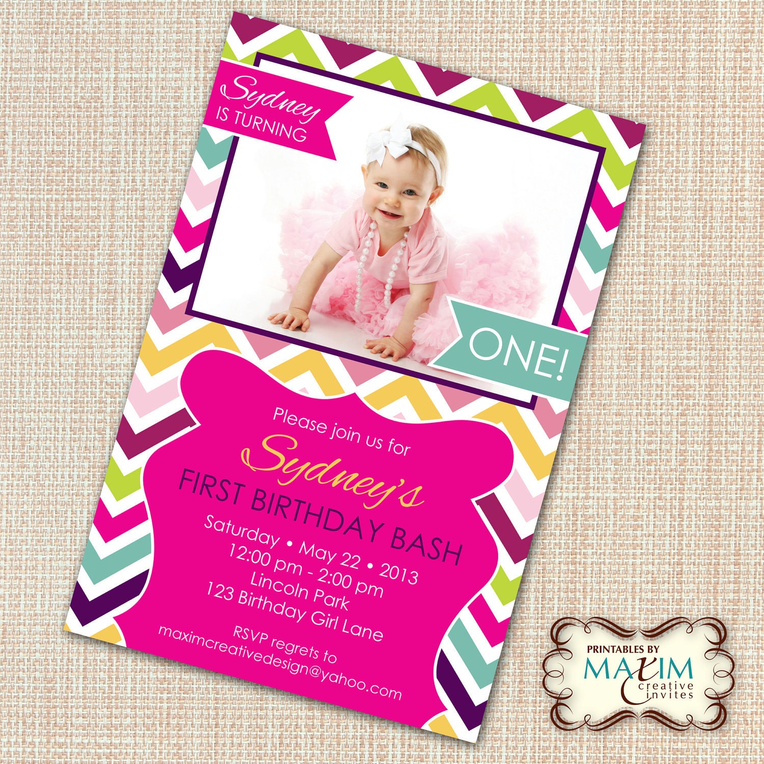 Rainbow Chevron Invitation, DIY Printable Invitation, First Birthday Party...by Maxim Creative Invites
