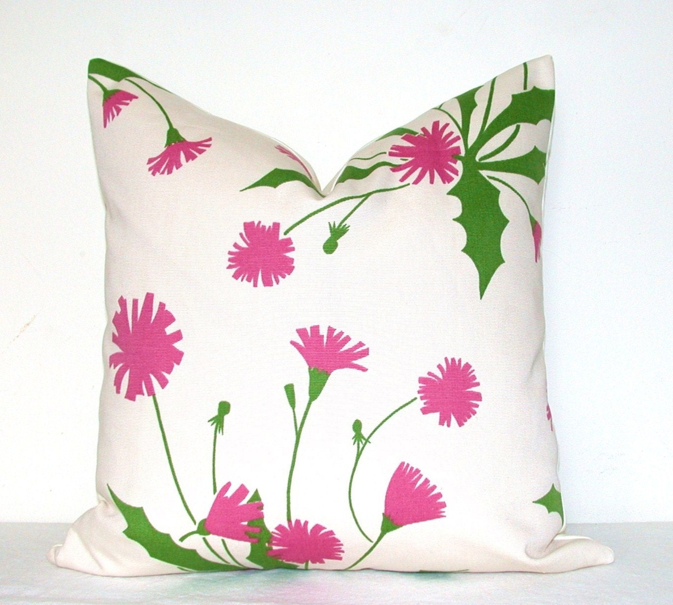 Pillow Cover - Throw Pillow - Accent Pillow - Toss Pillow - Pink Dandelion - Floral - Pink - Green - White - 17x17 in