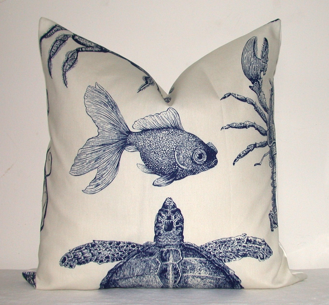 On Both Sides - Pillow Cover - Decorative Pillow - Throw Pillow - Sea Creatures - Indigo - 17x17 in - Nautical - Marine Biology