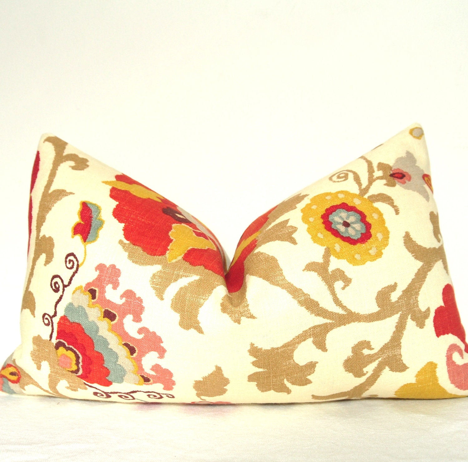 Pillow Cover - Decorative Pillow - Throw Pillow - Lumbar Pillow - Suzani - 11.5x20 in - Sage Blue - Red - Yellow - Brown
