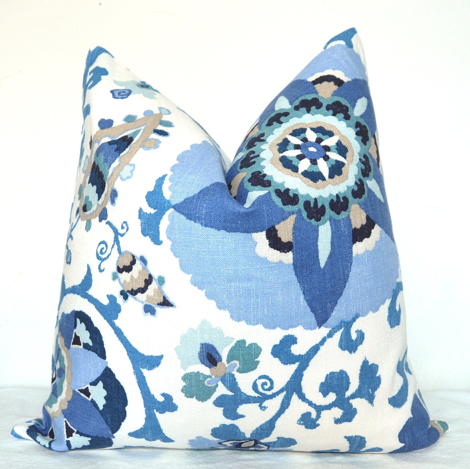 On BOTH SIDES -  Pillow Cover - Throw Pillow - Sofa Pillow - Decorative Pillow - Suzani - 20x20 in - Blues - Taupe