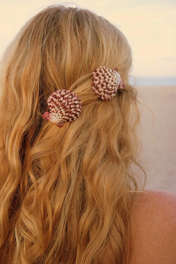 Two small white and purple shell barrettes