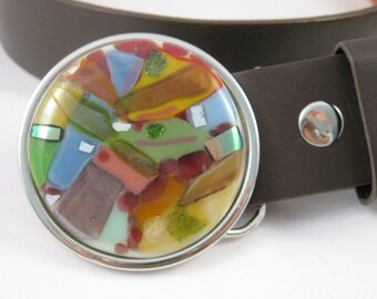 Ribbons belt, gold pink brown dichroic glass belt buckle, leather belt for women