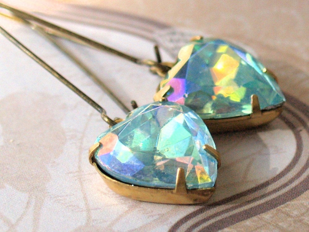Crystal Mint- Estate Style Hollywood Glam AB blue green Heart Crystal Jewel Earrings in Brass