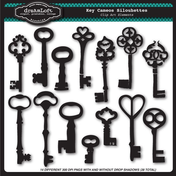 Skeleton Key Cameos Silhouettes Clip Art Elements Collage Sheet for cards, stationary, invitations, scrapbooking and all paper crafts