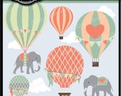 Hot Air Balloons and Elephants Clip Art Digital Collage Sheet Clipart for parties, stationary, invitations, scrapbooking