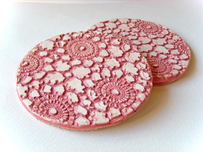Ceramic Coasters dusty pink ceramic with lace vintage by azulado