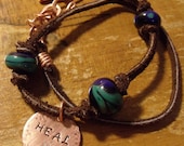 Copper and Leather Wrap Bracelet with Lampworked Glass Beads - Heal Charm