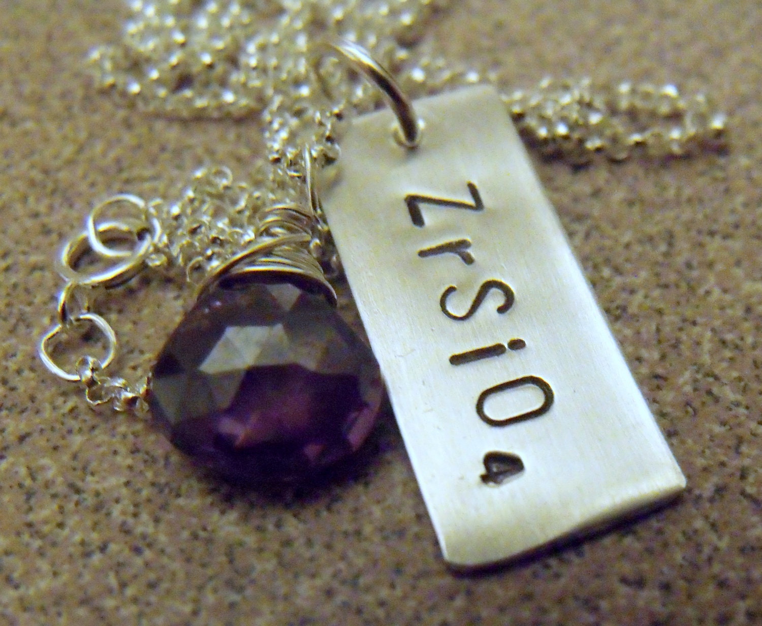 Sterling Silver Handstamped Chemical Formula Necklace - Purple Zircon Gemstone