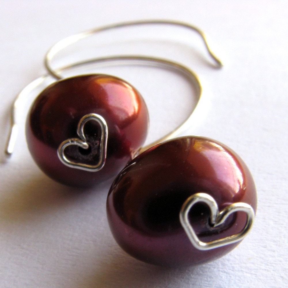 SALE - Constance handmade earrings - red freshwater pearl, ruby, sterling silver by lotusstone on etsy
