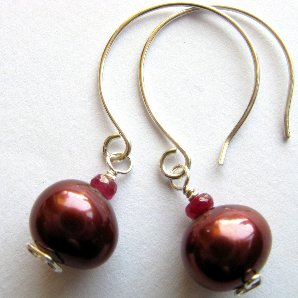 SALE - Constance handmade earrings - red freshwater pearl, ruby, sterling silver by lotusstone on etsy