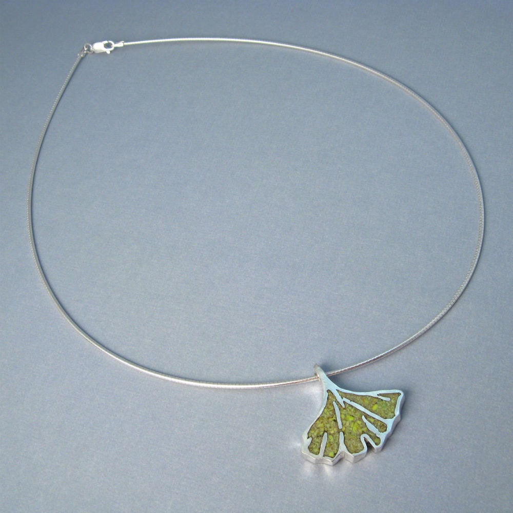 Midori Necklace - ginkgo necklace sterling silver and turquoise or magnesite, by lotusstone