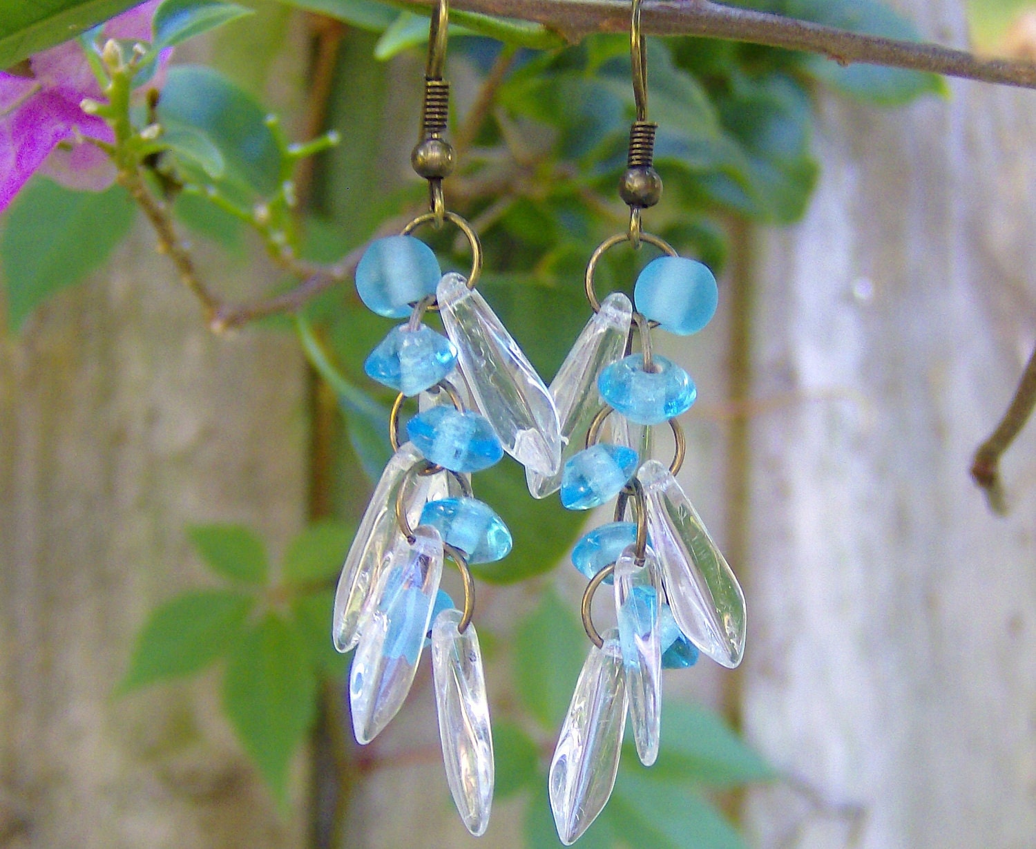 Earrings Blue sea glass Beaded Chandelier Weddings Bridal Bohemian jewelry Beach Shabby chic Mod