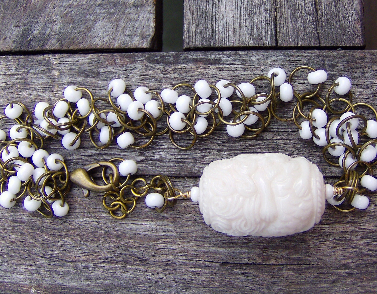 Bohemian Bracelet White Handmade Artisan Beaded Jewelry Weddings Bridal jewelry Boho Ethnic Tribal Mod