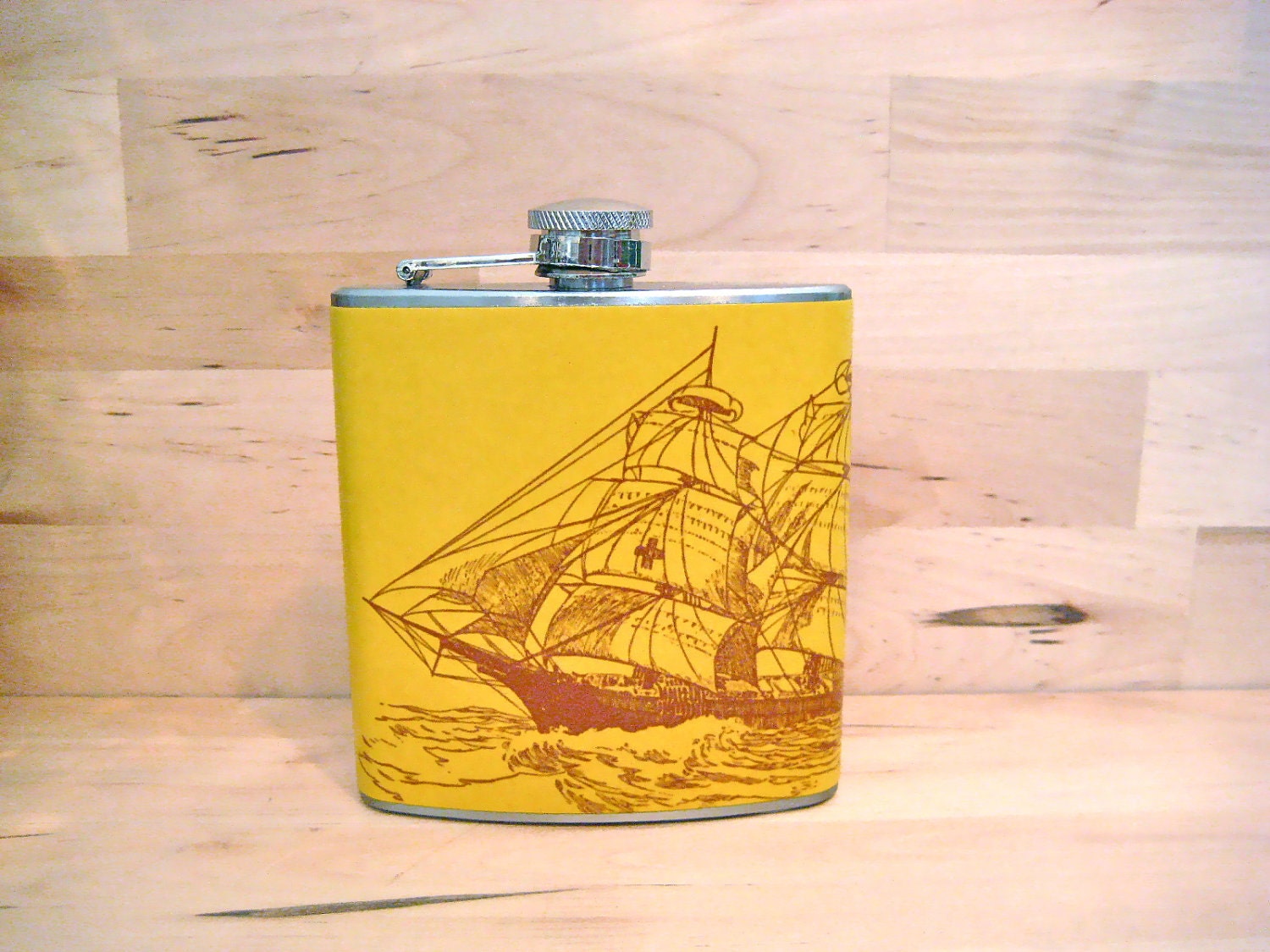 Sail Away with Me- Vintage Ship Illustration on Curry 6 oz Stainless Steel Hip Flask