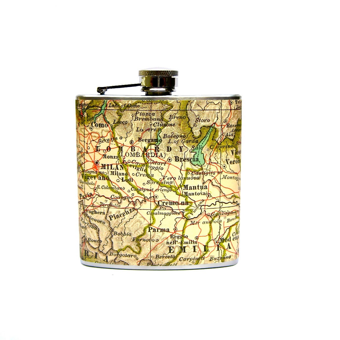 Flask- 6 oz Stainless Steel- As Seen in Real Simple Magazine - The Wanderlust Flask (TM) - Italy