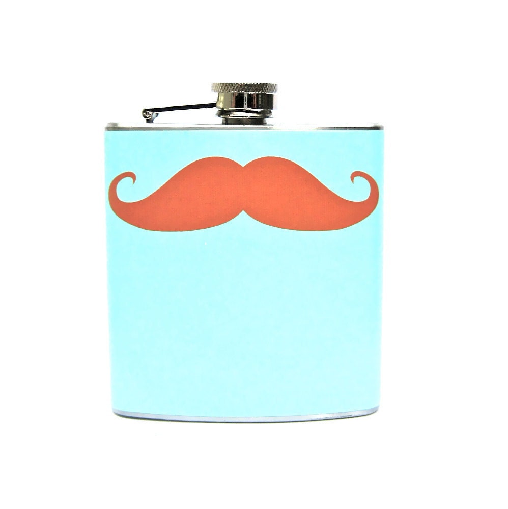 6 oz Stainless Steel - The Sir Campbellshire  Ginger Mustache Flask (TM) -on Blue- Perfect for your husband, boyfriend, dad, or brother