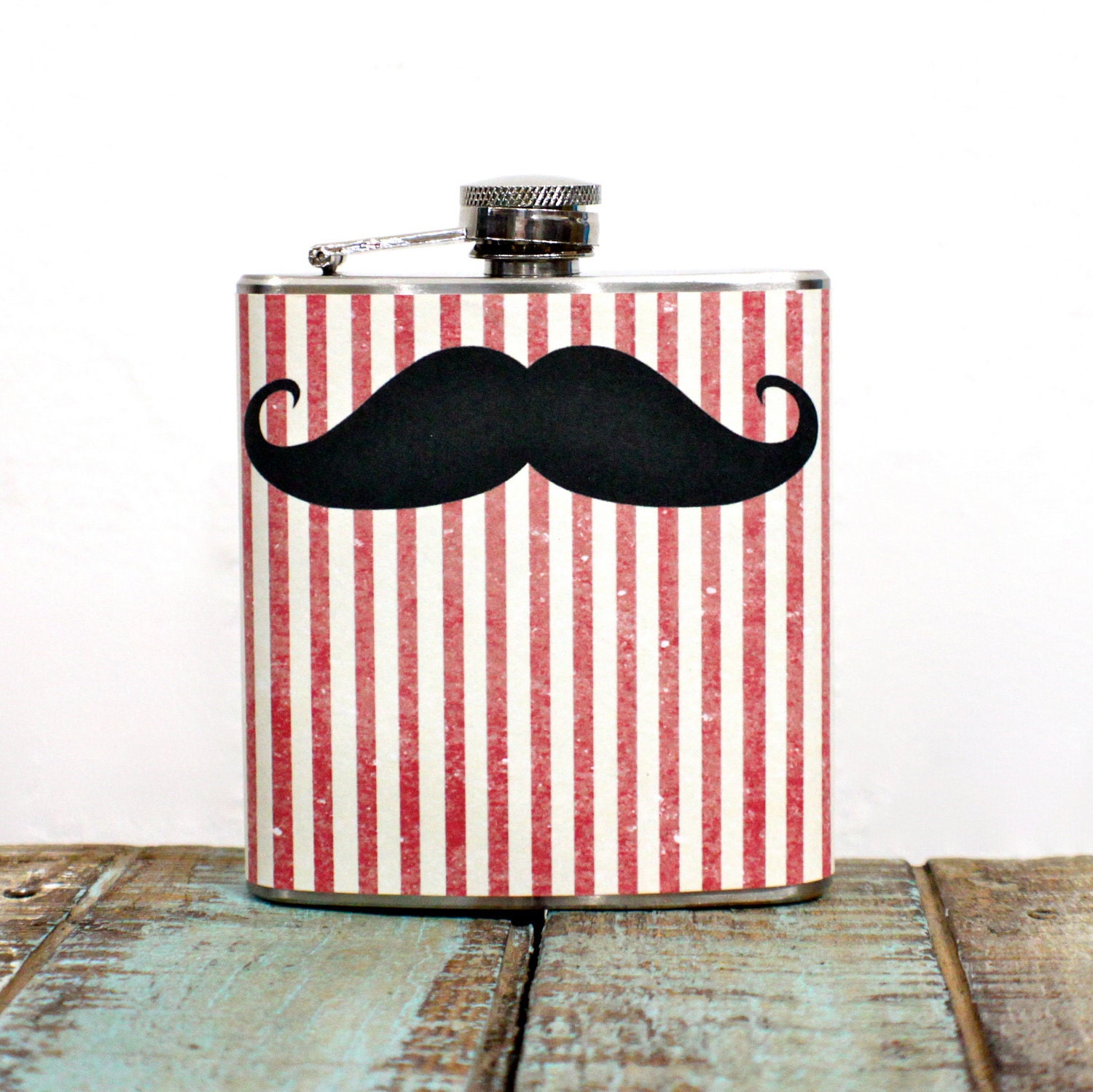 6 oz Stainless Steel Flask: Carnival Circus Mustache On Distressed Red and Cream