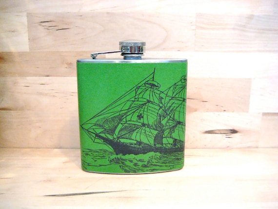 Sail Away with Me- Vintage Ship Illustration on Clover 6 oz Stainless Steel Hip Flask