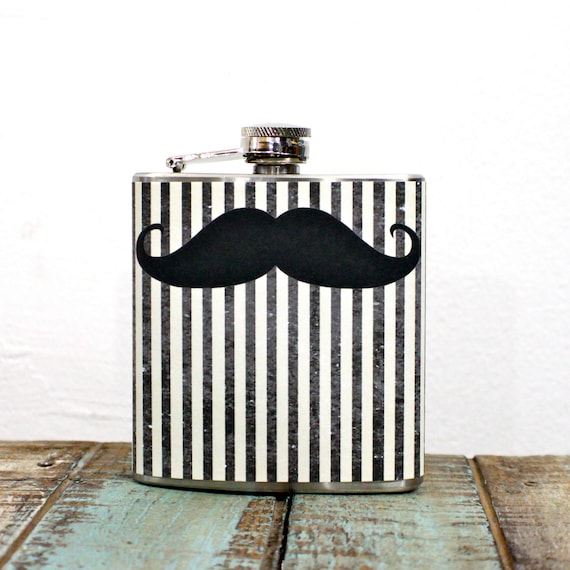 6 oz Stainless Steel Flask: Carnival Circus Mustache On Distressed Black and Cream
