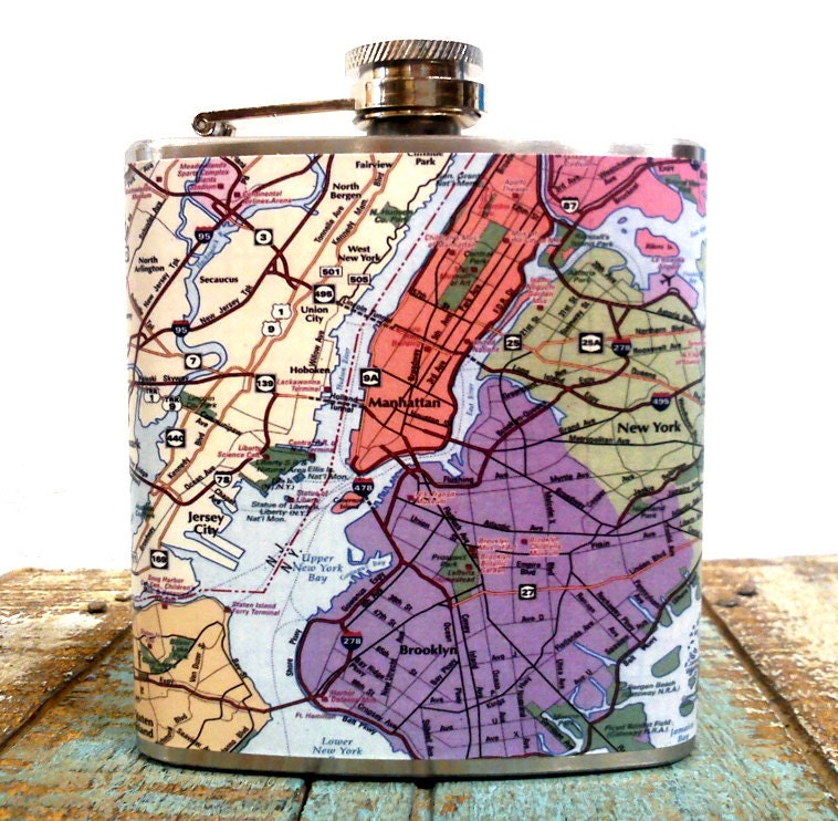 6 oz Stainless Steel - The Wanderlust Flask (TM) - Map of New York
