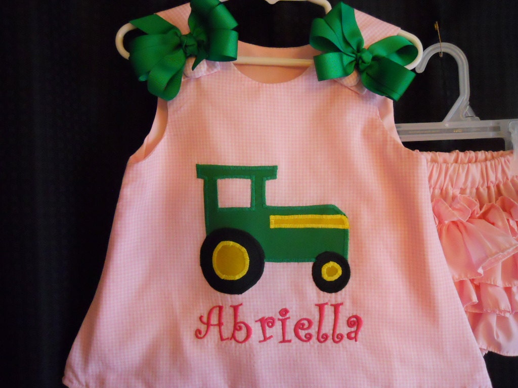 Boutique Girls Pink and Green Tractor Dress outfit sizes 6 months-5t great for those Tractor Birthday Parties