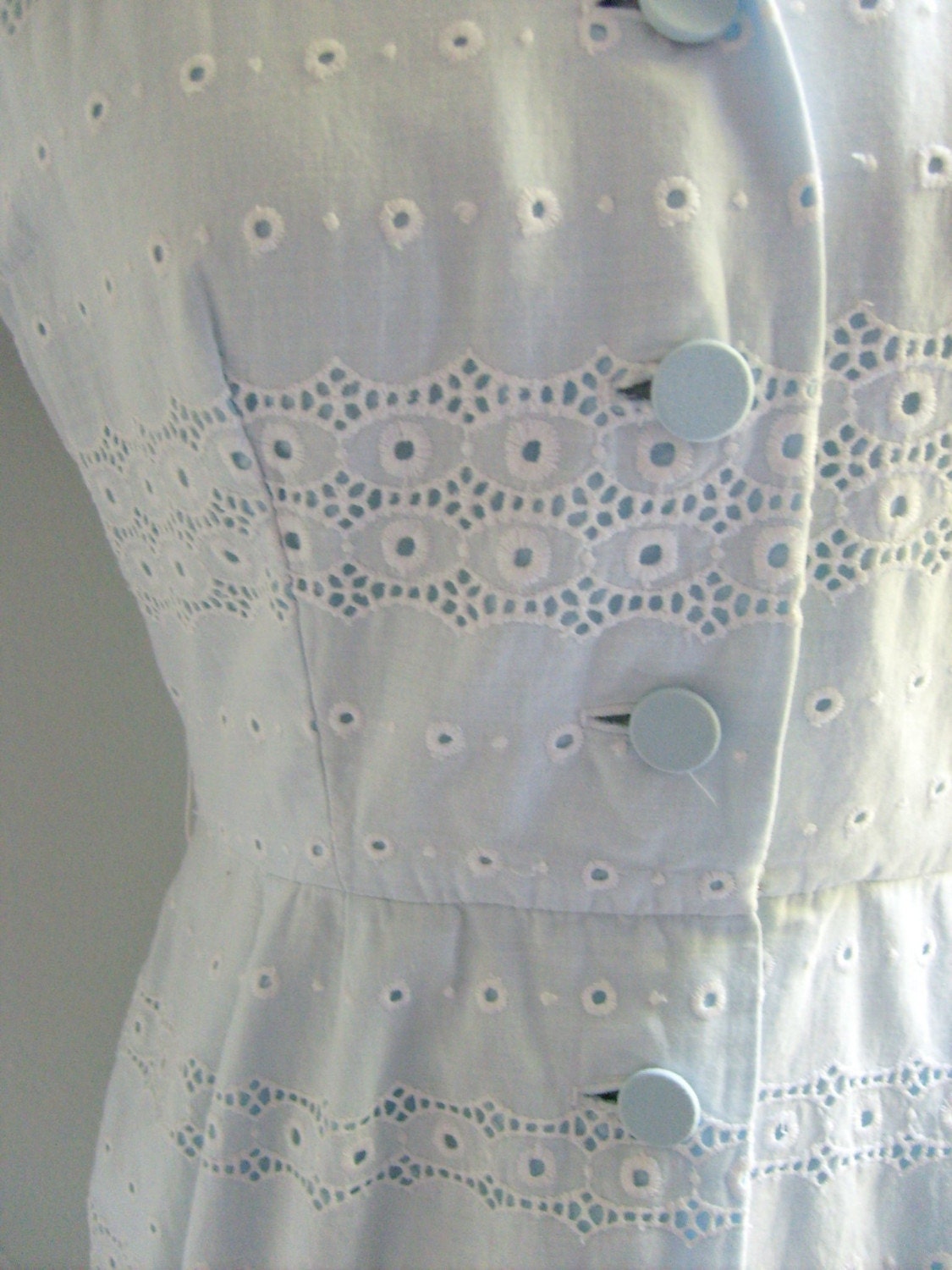 Pretty white eyelet vintage dress with pale blue accents