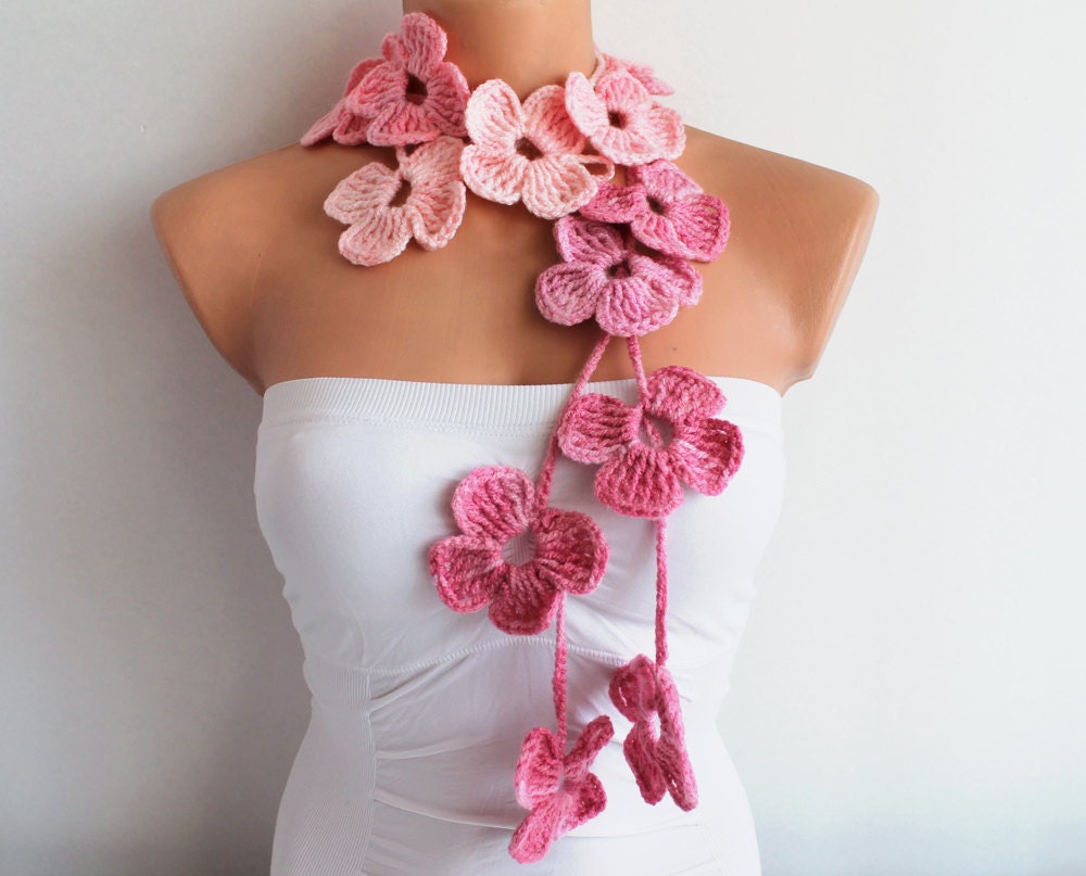 Baby Pink Flower Hand Crochet Lariat Scarf